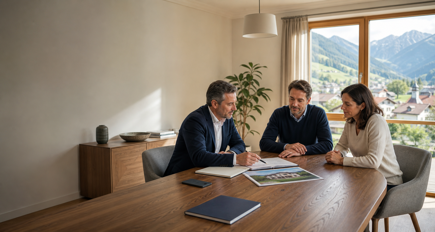 Ruhige Beratungssituation im Immobilienverkauf mit Unterlagen und Gespräch am Tisch